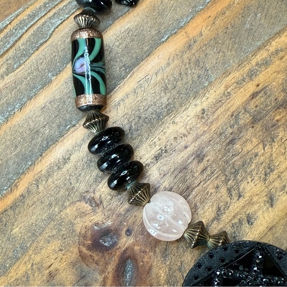 Art Deco Style Black Beaded Choker Rose Quartz Wedding Cake Beads Antique Button - Picture 10 of 11